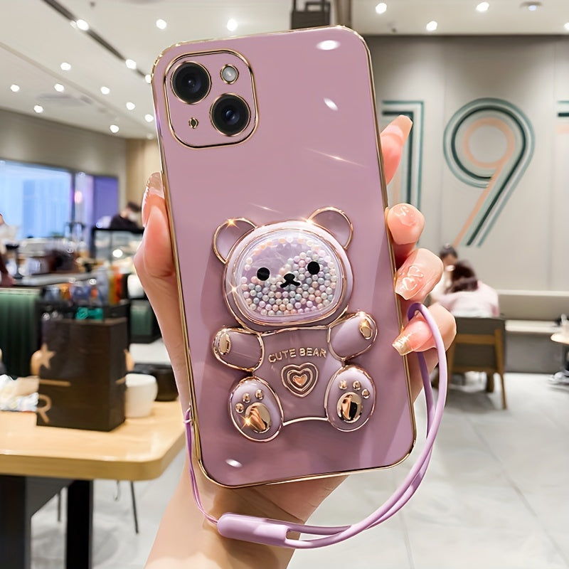 Luxlany New Cute Bear Stand Shockproof Soft Case with Lanyard for iPhones