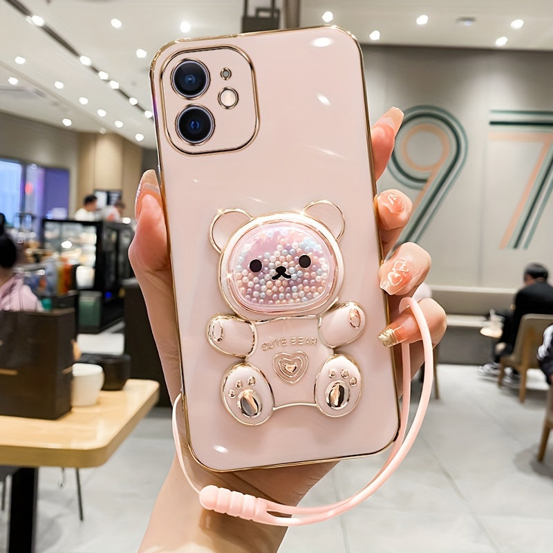 Luxlany New Cute Bear Stand Shockproof Soft Case with Lanyard for iPhones