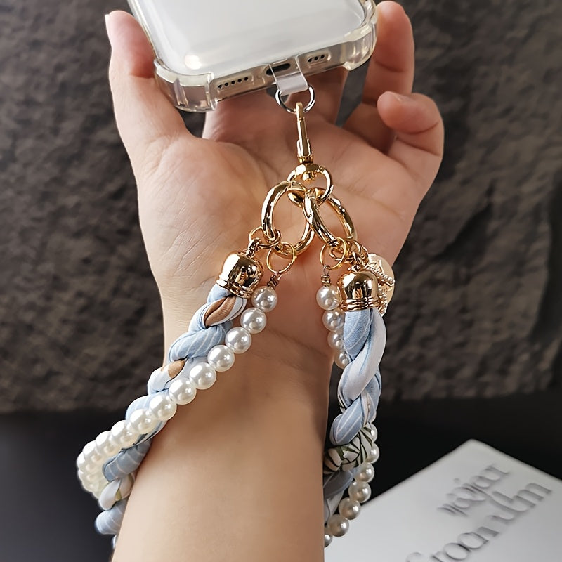 Luxlany Silk Scarf Pearl Bracelet Mobile Phone Lanyard Outdoor Anti-Loss Fashion