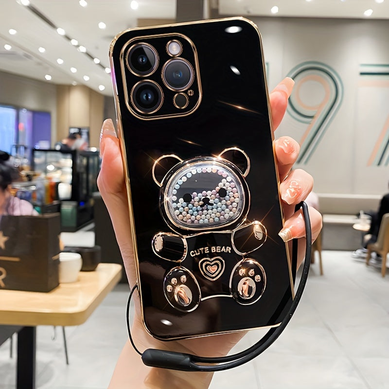Luxlany New Cute Bear Stand Shockproof Soft Case with Lanyard for iPhones