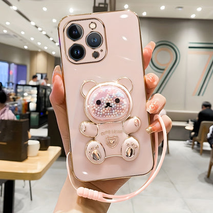 Luxlany New Cute Bear Stand Shockproof Soft Case with Lanyard for iPhones