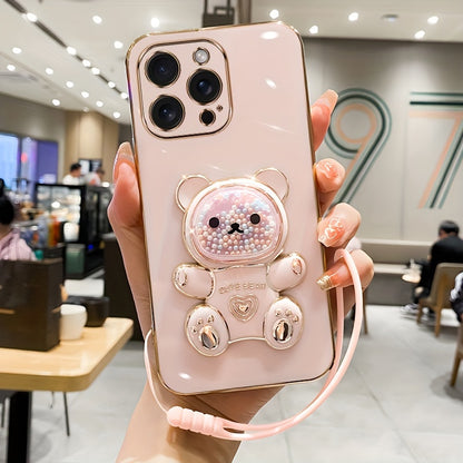 Luxlany New Cute Bear Stand Shockproof Soft Case with Lanyard for iPhones