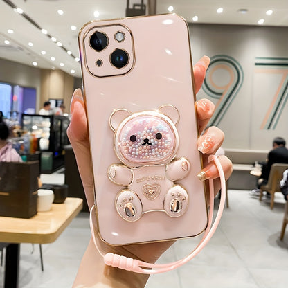 Luxlany New Cute Bear Stand Shockproof Soft Case with Lanyard for iPhones