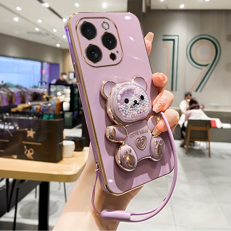 Luxlany New Cute Bear Stand Shockproof Soft Case with Lanyard for iPhones