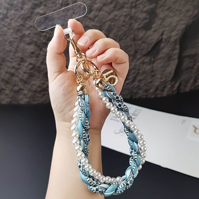 Luxlany Silk Scarf Pearl Bracelet Mobile Phone Lanyard Outdoor Anti-Loss Fashion