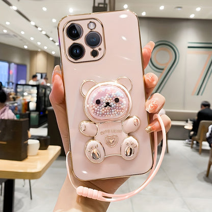 Luxlany New Cute Bear Stand Shockproof Soft Case with Lanyard for iPhones