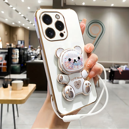 Luxlany New Cute Bear Stand Shockproof Soft Case with Lanyard for iPhones