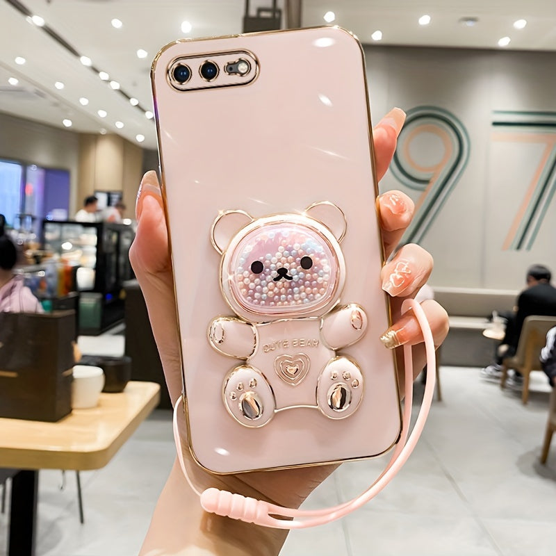 Luxlany New Cute Bear Stand Shockproof Soft Case with Lanyard for iPhones