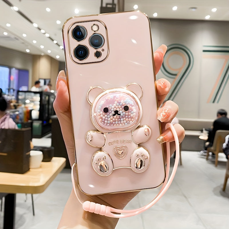 Luxlany New Cute Bear Stand Shockproof Soft Case with Lanyard for iPhones