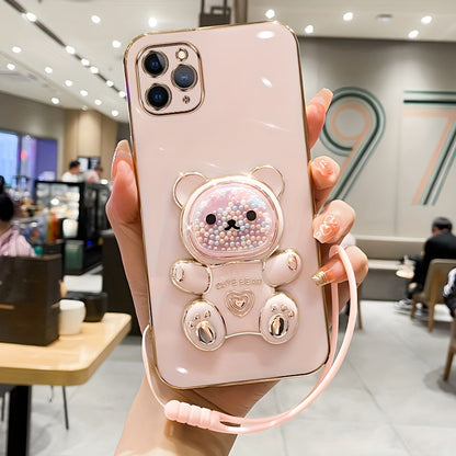 Luxlany New Cute Bear Stand Shockproof Soft Case with Lanyard for iPhones