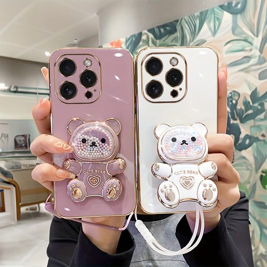 Luxlany New Cute Bear Stand Shockproof Soft Case with Lanyard for iPhones