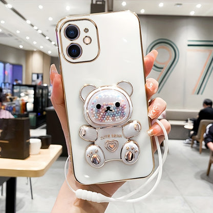 Luxlany New Cute Bear Stand Shockproof Soft Case with Lanyard for iPhones