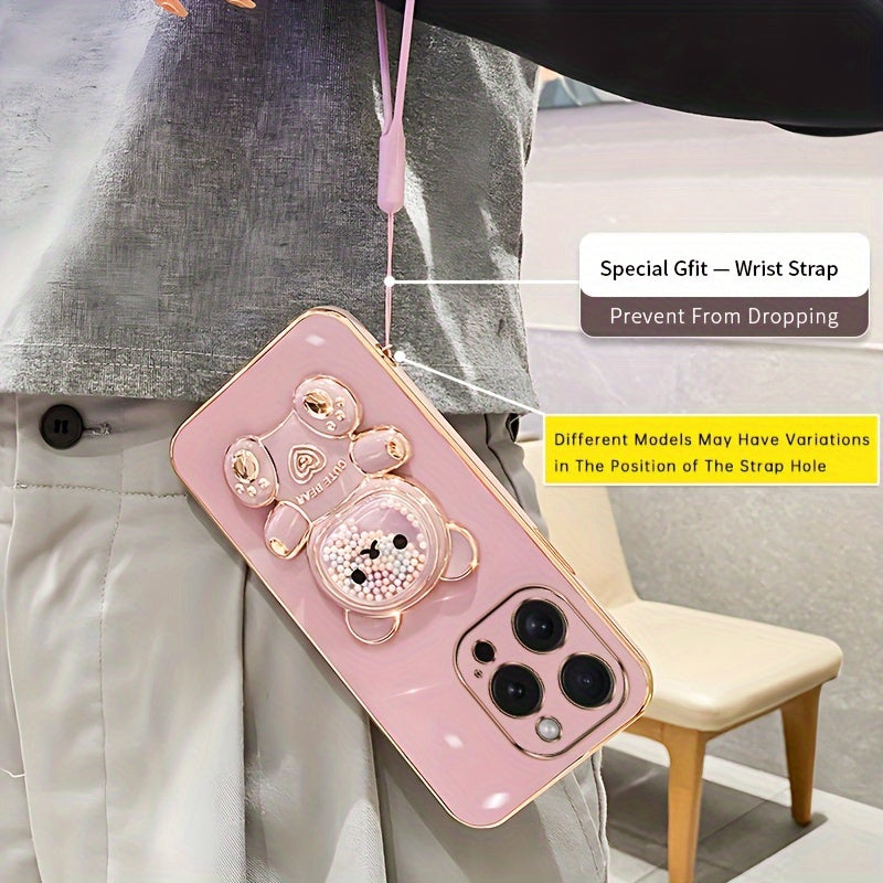 Luxlany New Cute Bear Stand Shockproof Soft Case with Lanyard for iPhones