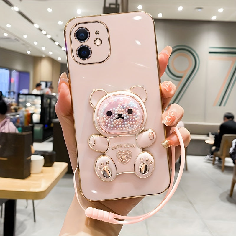 Luxlany New Cute Bear Stand Shockproof Soft Case with Lanyard for iPhones