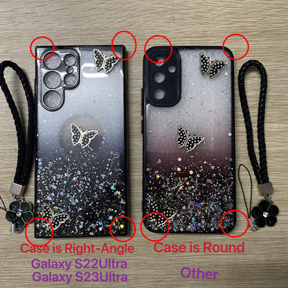 Sparkling Starry Sky Pink Butterfly Graphic Phone Case with Hanging Strap for Samsung