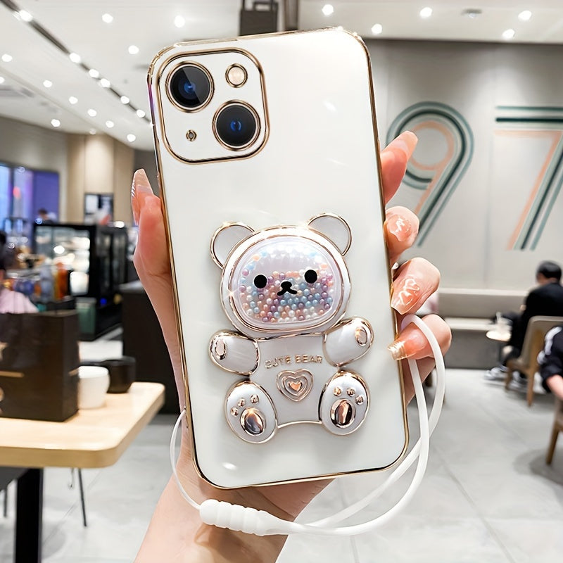Luxlany New Cute Bear Stand Shockproof Soft Case with Lanyard for iPhones