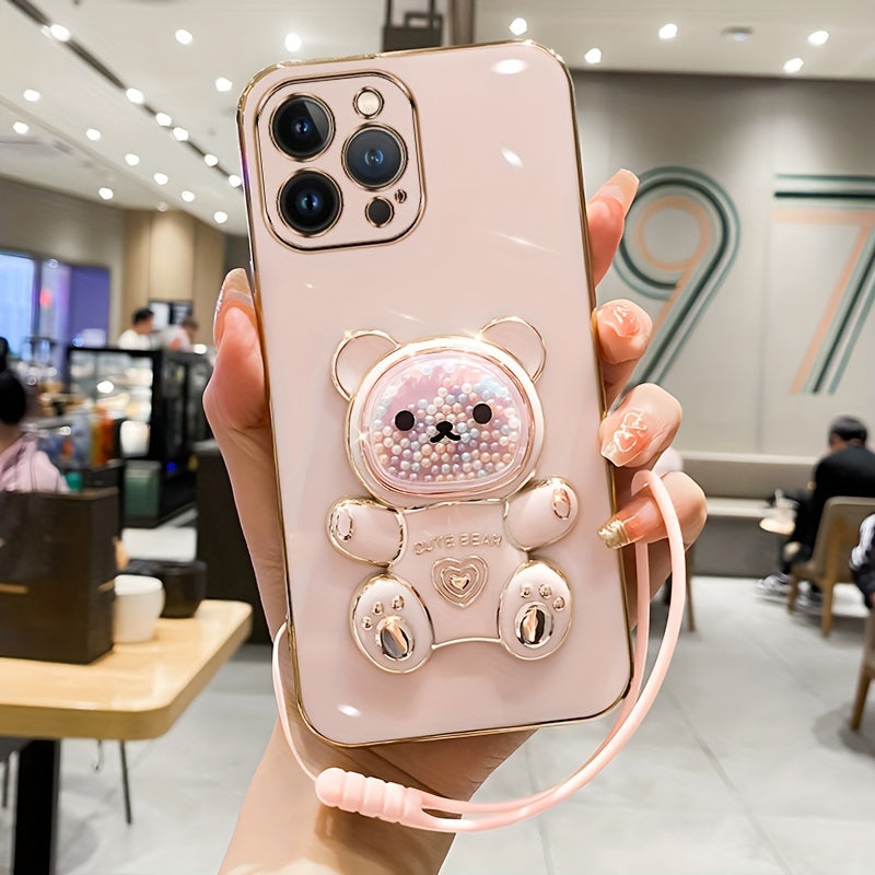 Luxlany New Cute Bear Stand Shockproof Soft Case with Lanyard for iPhones