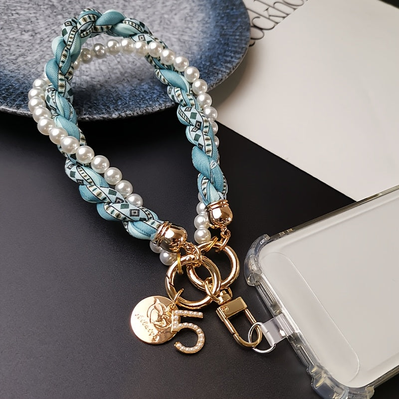 Luxlany Silk Scarf Pearl Bracelet Mobile Phone Lanyard Outdoor Anti-Loss Fashion