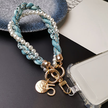 Luxlany Silk Scarf Pearl Bracelet Mobile Phone Lanyard Outdoor Anti-Loss Fashion