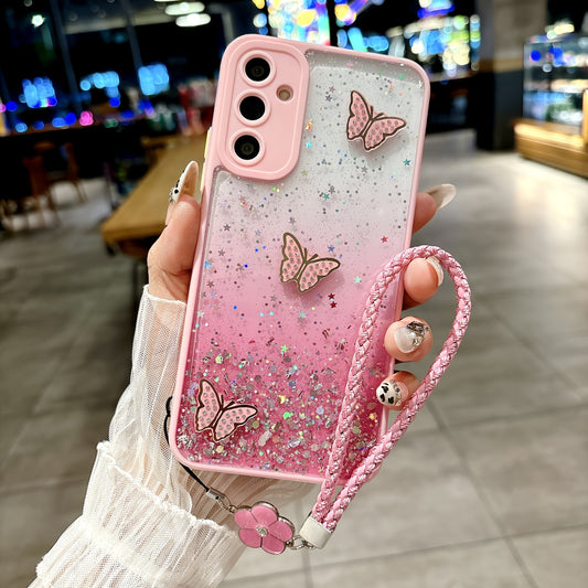 Sparkling Starry Sky Pink Butterfly Graphic Phone Case with Hanging Strap for Samsung