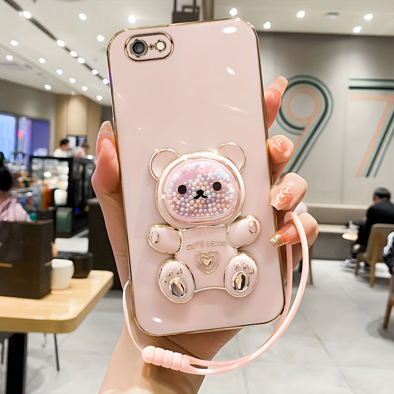 Luxlany New Cute Bear Stand Shockproof Soft Case with Lanyard for iPhones